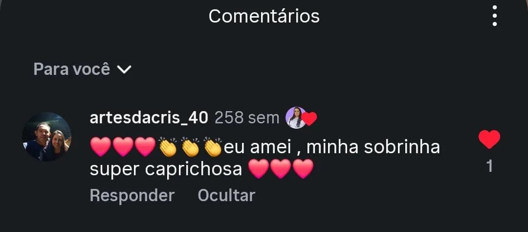 Comentário no Instagram de Cris: "eu amei, minha sobrinha super caprichosa".