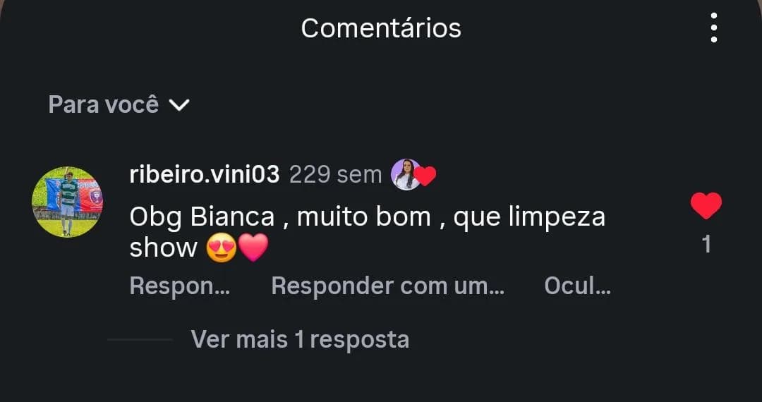 Comentário no Instagram de Vini: "Obg Bianca, muito bom, que limpeza show".