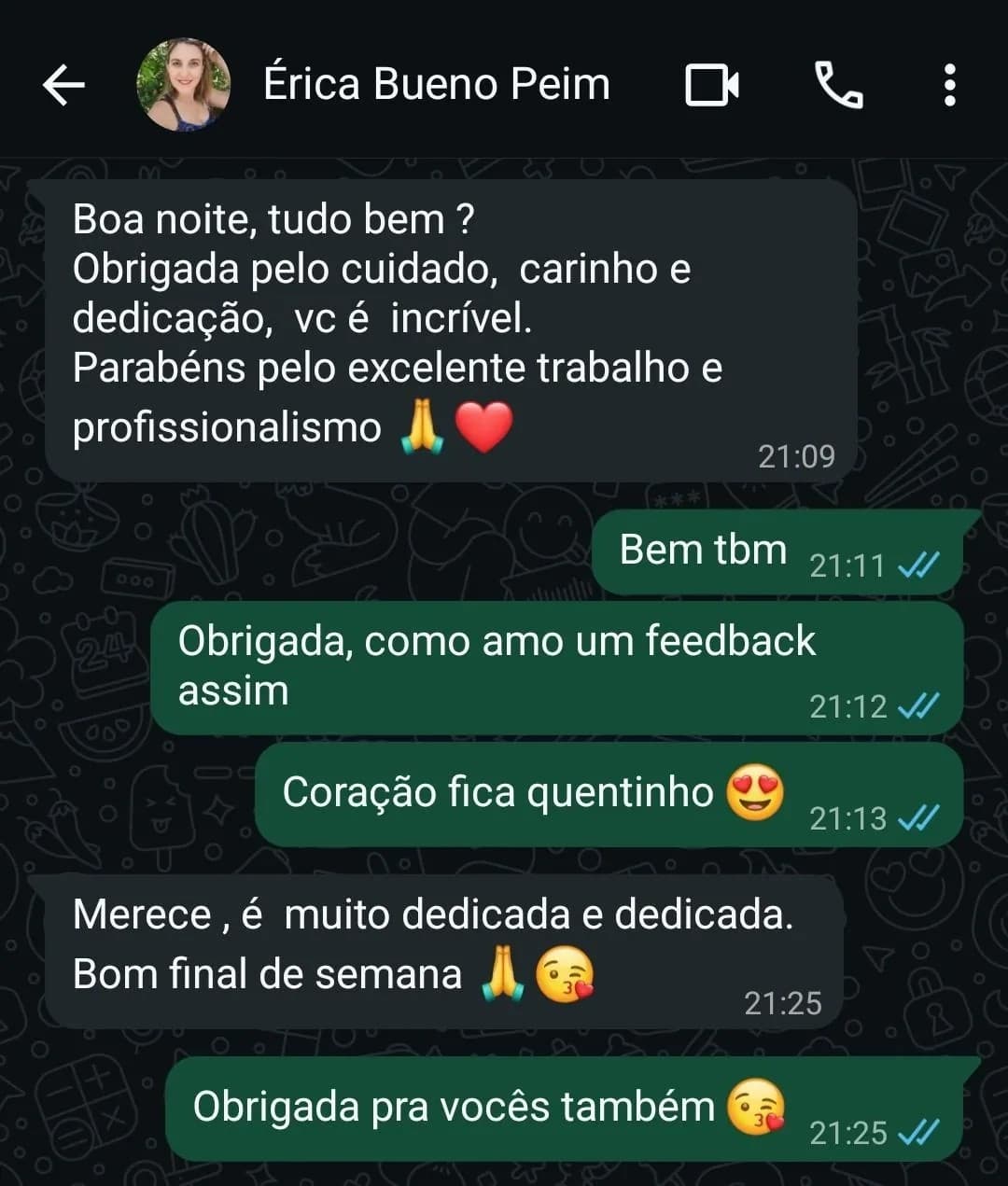 Conversa no WhatsApp com Érica: "Obrigada pelo cuidado, carinho e dedicação, você é incrível. Parabéns pelo excelente trabalho e profissionalismo."